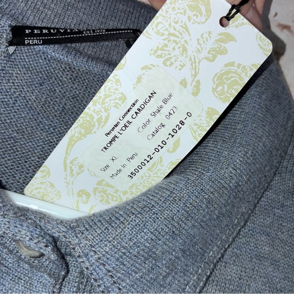 Peruvian Connection Trompe L'Oeil Cardigan Sweater in Shale Blue Size XL NEW - Picture 8 of 8